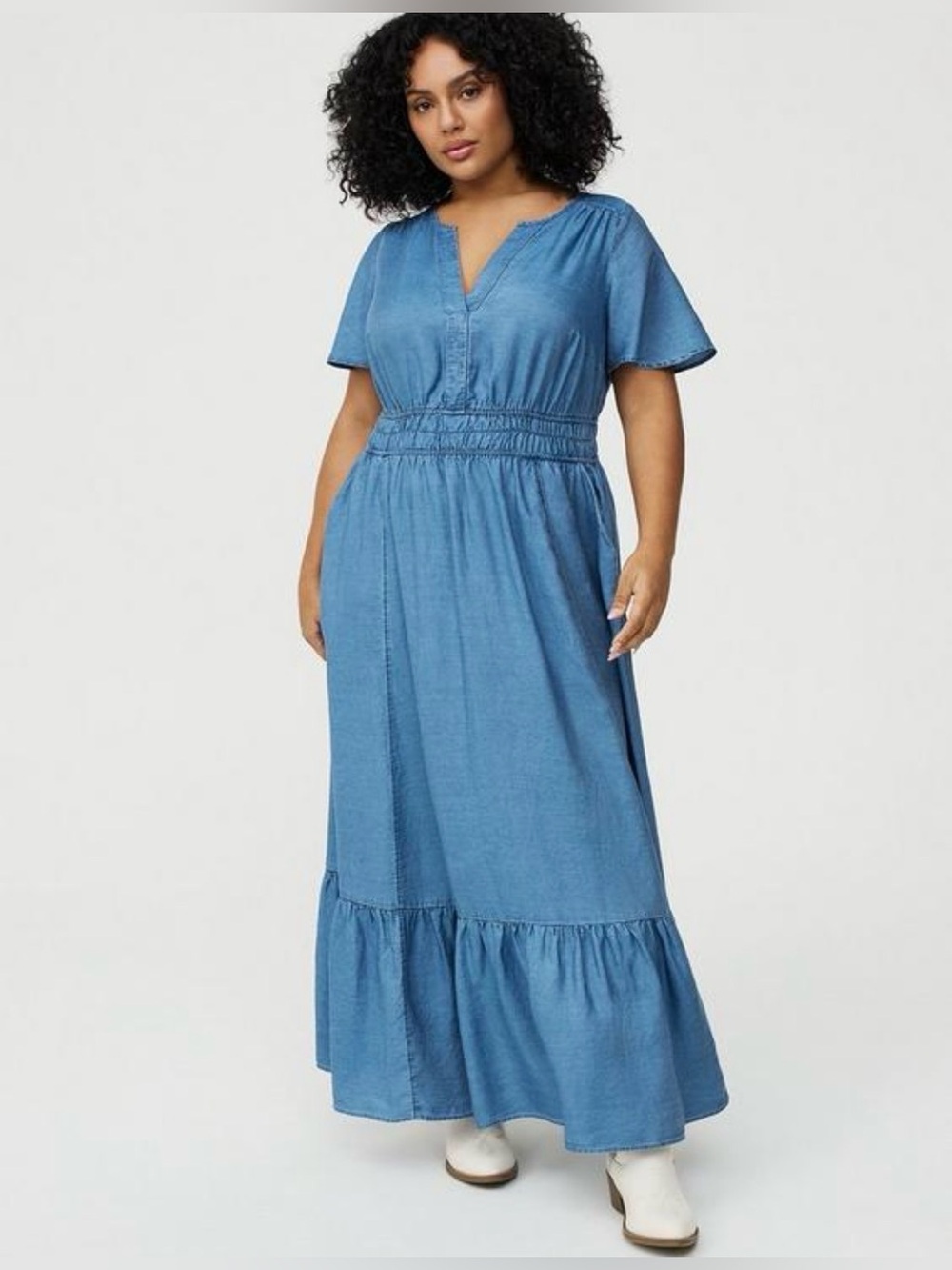 Y-Neck Chambray Maxi Dress